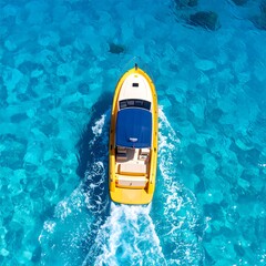 Bright yellow speedboat on turquoise water