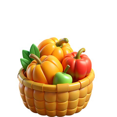 Wicker basket filled with pumpkins and apples isolated on transparent background