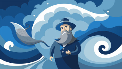 Obraz premium An abstract depiction of Captain Ahabs obsession with swirling shades of blue and gray representing the tumultuous sea and his unrelenting pursuit of. Vector illustration