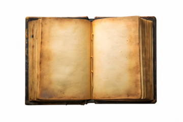 A weathered, antique book lies open, revealing its yellowed, empty pages, isolated on a clean transparent background
