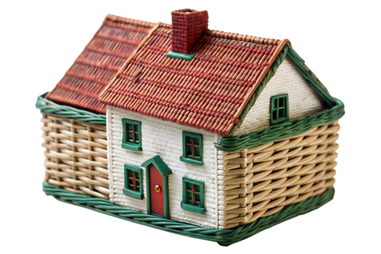 A charming miniature house crafted from woven wicker, featuring a red tiled roof and green window frames, isolated on a transparent background - Powered by Adobe