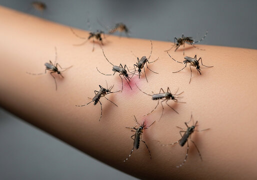 Mosquitoes biting arm, irritation and inflammation, health risk, insect bites, skin reaction