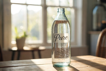Sunlit Glass Bottle Labeled “Pure” Filled with Sparkling Water on Wooden Table in Cozy Room with Soft Background Light