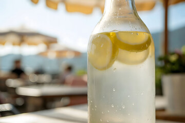 Chilled Frosted Glass Bottle with Lemon Slices and Condensation on Sunny Outdoor Café Table with Blurred Background