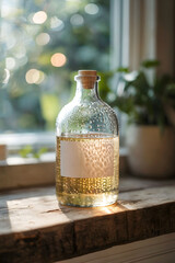 Chilled Glass Bottle with Golden Liquid and Condensation Droplets on Rustic Windowsill with Soft Natural Light