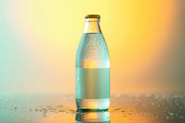 Frosty Glass Bottle with Blue Label and Yellow Cap Surrounded by Condensation Droplets on a Reflective Surface with Gradient Background