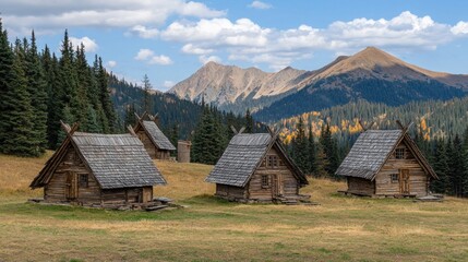 Obraz premium Four rustic wooden cabins in a mountain meadow.
