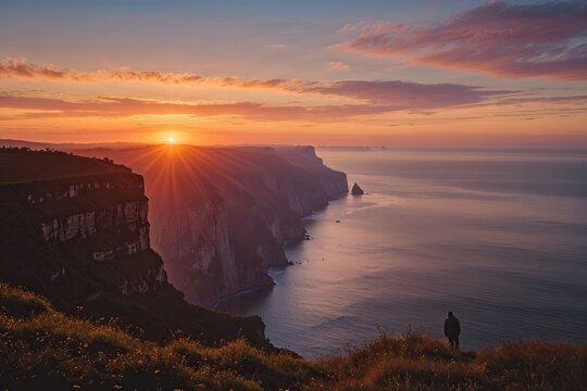 Panoramic Cliffside Sunset Overlook with Silhouette and Tranquil Sea View