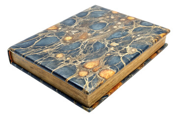 A closed antique book with a decorative marbled cover and aged pages, isolated on a transparent background