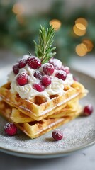 Stacked Christmas Waffles with Cranberries and Whipped Cream on Ceramic Plate
