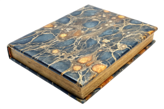 A closed antique book with a decorative marbled cover and aged pages, isolated on a transparent background