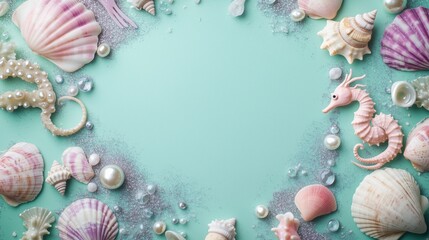 Obraz premium blank invitation card mockup surrounded by pink and lavender shells, pearls, seahorses and glitter sand