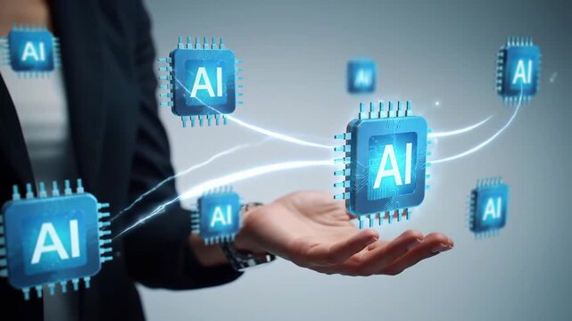 Businesswoman holding ai processors in abstract network