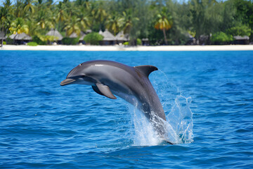 Obraz premium Two wild bottlenose dolphins joyfully jump from the blue ocean water