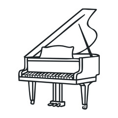 Simple black and white outline of a grand piano with raised lid and visible keys. Vector illustration
