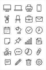 Minimal office icons set on a metallic background. Includes devices, furniture, documents, and productivity symbols.