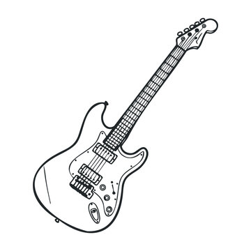 Black and white electric guitar drawing featuring iconic stratocaster design. Vector illustration