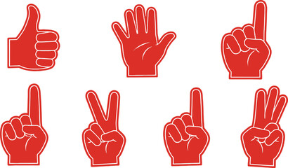 Vector art of a collection of red foam hand gestures isolated on white background shows various finger counts and a thumbs up