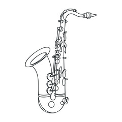 Minimalist black and white saxophone drawing with smooth curves and detailed design. Vector illustration