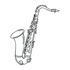 Line drawing of saxophone with detailed musical instrument features. Vector illustration