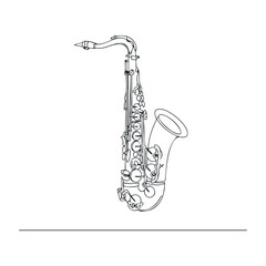 Naklejka premium Detailed saxophone line drawing with intricate keywork on white background. Vector illustration