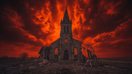 Obraz premium Abandoned Church Under Dramatic Red Sky