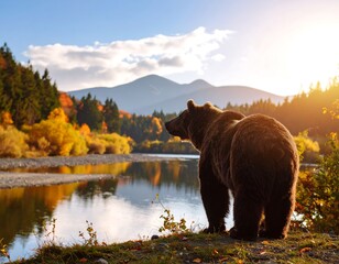 Brown bear by autumn river