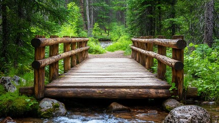 A rustic bridge made of wood spans a bubbling stream, surrounded by lush trees and woodland charm.

