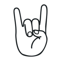 Obraz premium Hand gesture line drawing with rock on sign in black and white style. Vector illustration