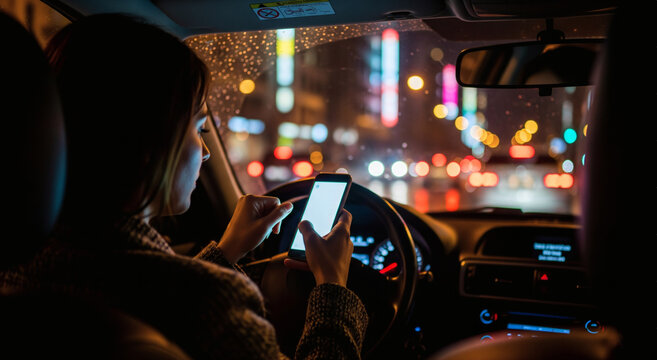 Woman Using Phone While Driving at Night - Powered by Adobe