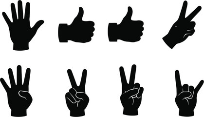 Vector art of various hand gestures and finger signs isolated on white background, depicting communication symbols and counting