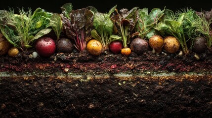 Freshly harvested salad vegetables nestled among rich soil layers creating a vibrant farm-to-table aesthetic showcasing the earth's bounty and sustainability in culinary practices