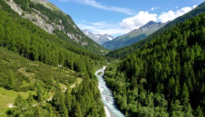Obraz premium Mountain valley with river, lush greenery, bright sky