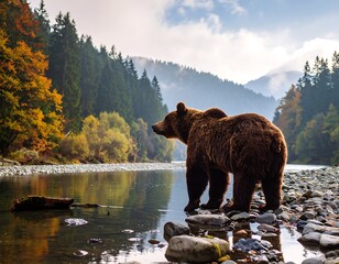 Brown bear by river in autumn forest