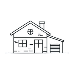 Simple line drawing of suburban house with garage and chimney. Vector illustration