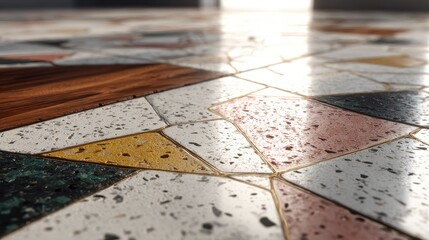 Naklejka premium Close-up of a geometric patterned floor with contrasting colors and textures. The design includes tile and wood in an abstract mosaic.