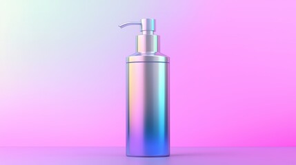 luxury facial toner bottle with pump dispenser, label in soft gradient grey with subtle iridescent rainbow tones, background in matching gradient grey with subtle iridescent rainbow tones