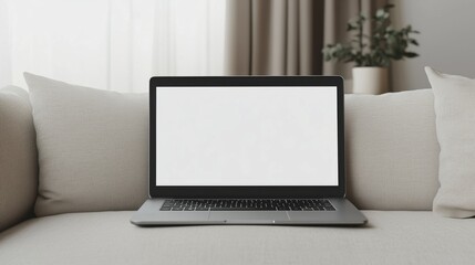 laptop mockup with white screen placed alone on soft neutral sofa