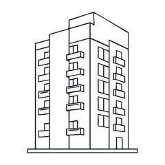 Modern apartment building outline drawing with window and balcony details. Vector illustration