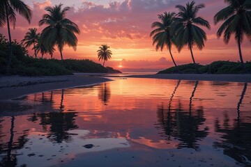 Obraz premium Serene Sunset Reflections on a Peaceful Shore with Palm Trees