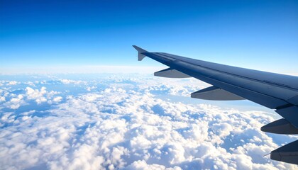 Obraz premium Airplane wing above clouds.View from airplane window a blue sky and clouds.