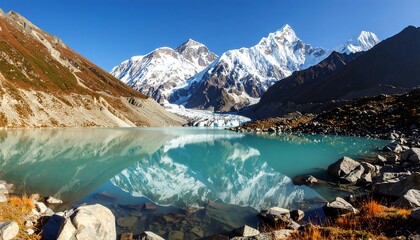 Mountainous lake reflecting peaks
