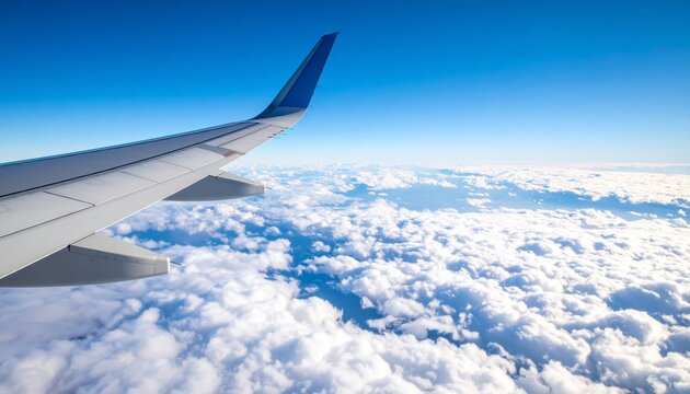 Airplane wing above clouds.View from airplane window a blue sky and clouds.