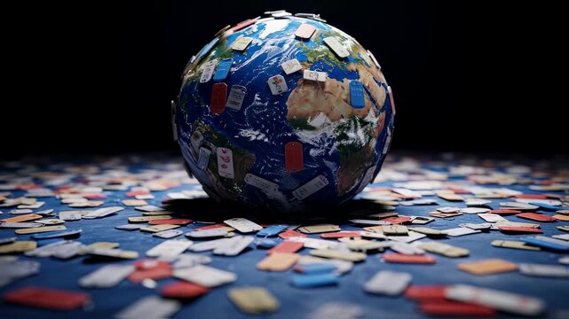 Conceptual image of earth covered by clothing tags representing excessive consumerism impact.