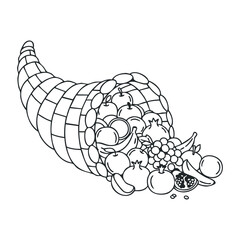 Fototapeta premium Cornucopia black and white outline filled with fruits and vegetables. Vector illustration