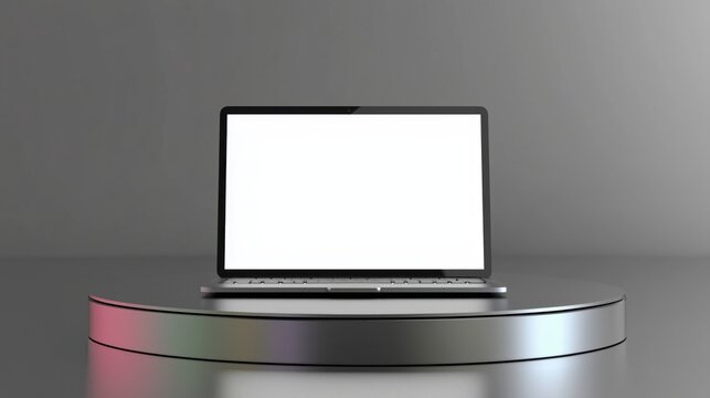 minimal luxury laptop facing front to camera with white blank screen, placed on modern metallic silver reflective round podium