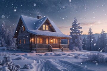 Fototapeta premium Serene Winter Cabin at Dusk Surrounded by Snowflakes and Peaceful Sky