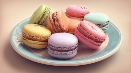 Fototapeta premium A plate of colorful French macarons in various pastel shades, showcasing their delicate and delicious appearance.