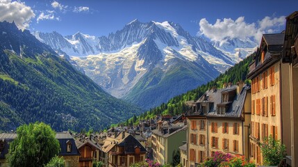 Fototapeta premium Picturesque alpine village nestled in a valley, with snow-capped mountains in the background.
