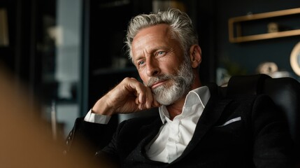 Older man, adult male, pensive senior businessman with a confident look and serious expression, dressed in an elegant black suit, sitting in an office thinking about job, a boss occupied with work.
